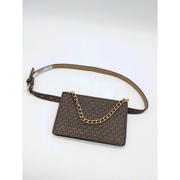 MICHAEL KORS logo pull chain faux-leather belt bag /fanny pack -Brown -LARGE - Picture 1 of 8